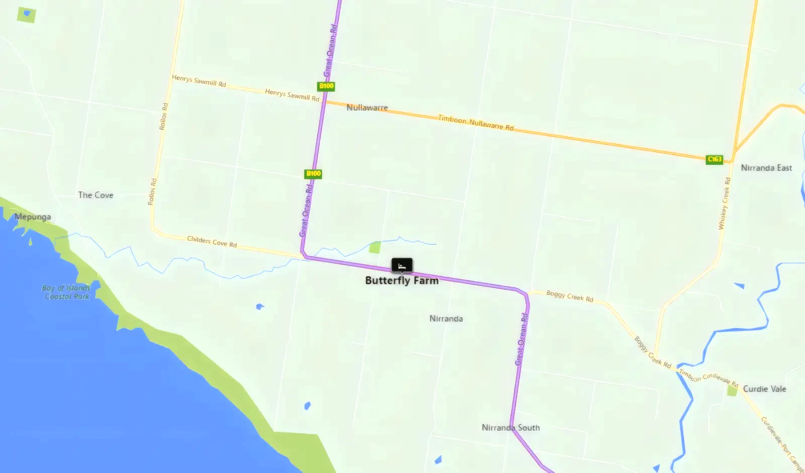 map showing the location of Butterfly Farm bed and Breakfast on the Great Ocean Road at Nirranda Victoria.